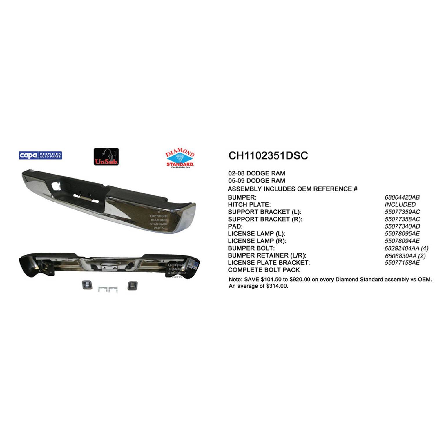 Bumper Face Bar Rear New Design Step Bumper Chrome Includes Pad & Bumper Support w/o Bracket CAPA for Dodge Ram 1500 Ram 2500 Ram 3500