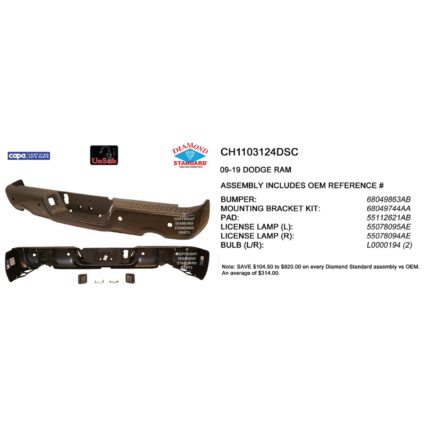 Bumper Assembly Rear w/Dual Exhaust w/Parking Sensor w/Licence Lamps CAPA for Dodge Ram 1500 Ram 1500 1500 Classic
