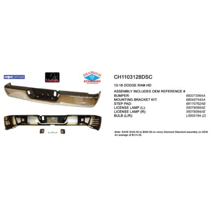 Bumper Assembly Rear w/o Parking Sensors Chrome CAPA for Ram 3500 2500