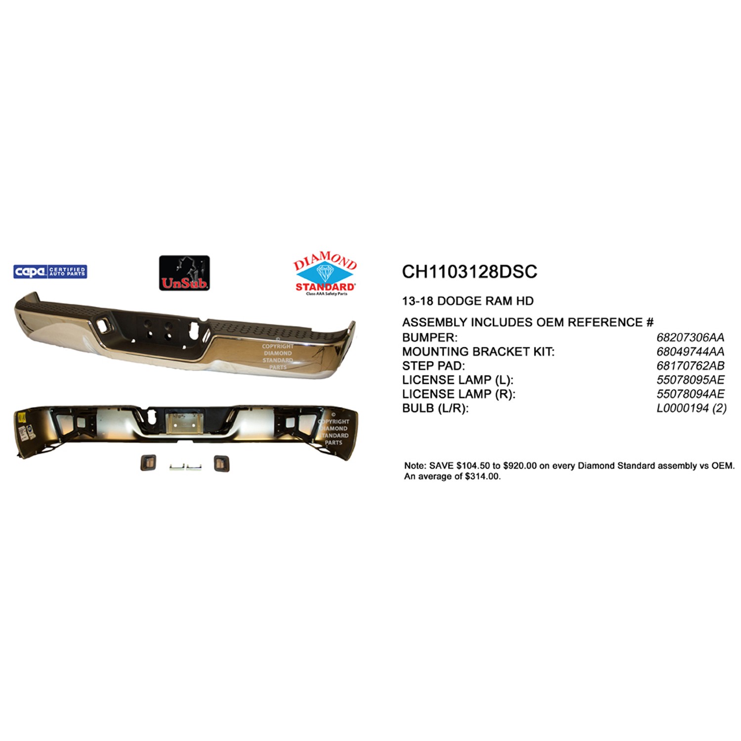 Bumper Assembly Rear w/o Parking Sensors Chrome CAPA for Ram 3500 2500