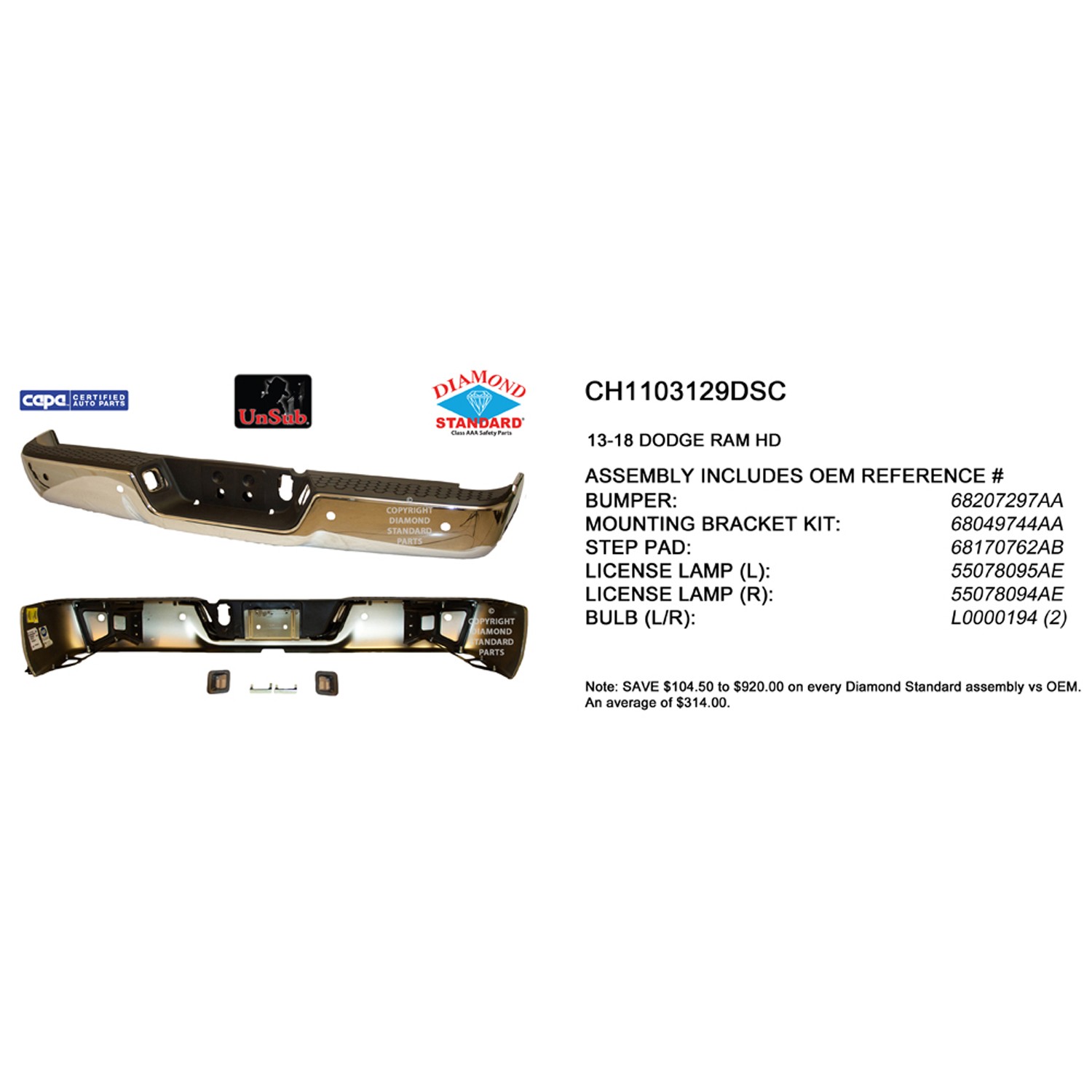 Bumper Assembly Rear w/Parking Sensors Chrome CAPA for Ram 3500 2500