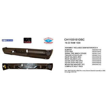 Bumper Assembly Rear Single Exhaust w/o Adv Park w/Parking Sensor w/o Lamps Primed CAPA for Ram 1500 Limited Laramie Sport Big Horn Lone Star SLT SXT Tradesman Laramie Longhorn HFE Longhorn Laramie Sport ST Hemi Sport Special Service TRX Limited Longhorn TRX Launch Edition Big Horn OffRoad 2019–2024