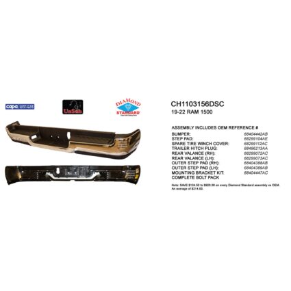 Bumper Assembly Rear Single Exhaust w/o Parking Sensor w/o Lamps Chrome CAPA for Ram 1500 Limited Laramie Sport Big Horn Lone Star SLT SXT Tradesman Laramie Longhorn HFE Longhorn Laramie Sport ST Hemi Sport Special Service Limited Longhorn TRX Launch Edition TRX Big Horn OffRoad 2019–2024