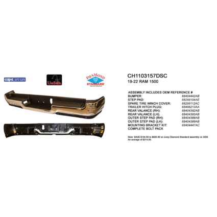 Bumper Assembly Rear Single Exhaust w/o Adv Park w/Parking Sensor w/o Lamps Chrome CAPA for Ram 1500 Limited Laramie Sport Big Horn Lone Star SLT SXT Tradesman Laramie Longhorn HFE Longhorn Laramie Sport ST Hemi Sport Special Service TRX Limited Longhorn TRX Launch Edition Big Horn OffRoad 2019–2024