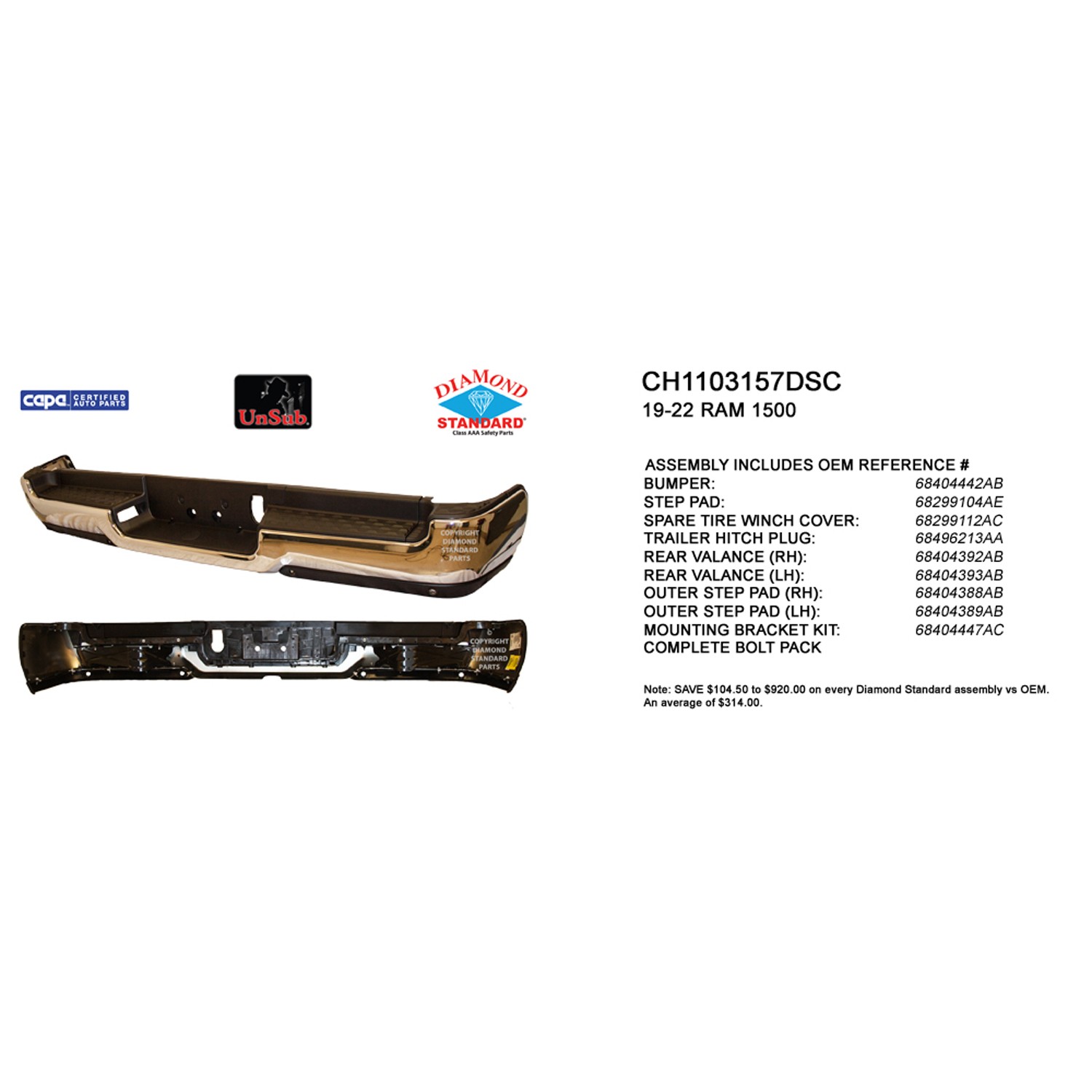 Bumper Assembly Rear Single Exhaust w/o Adv Park w/Parking Sensor w/o Lamps Chrome CAPA for Ram 1500 Limited Laramie Sport Big Horn Lone Star SLT SXT Tradesman Laramie Longhorn HFE Longhorn Laramie Sport ST Hemi Sport Special Service TRX Limited Longhorn TRX Launch Edition Big Horn OffRoad 2019–2024