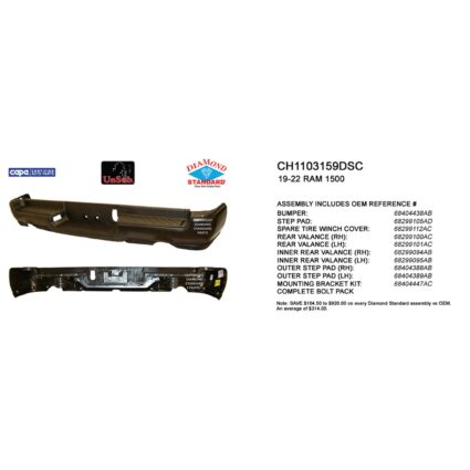 Bumper Assembly Rear Dual Exhaust w/o Adv Park w/o Park Snsr w/o Lamps CAPA for Ram 1500 Limited Laramie Sport Big Horn Lone Star SLT SXT Laramie Longhorn HFE Longhorn Laramie Sport ST Hemi Sport Special Service TRX Limited Longhorn TRX Launch Edition Big Horn OffRoad 2019–2024