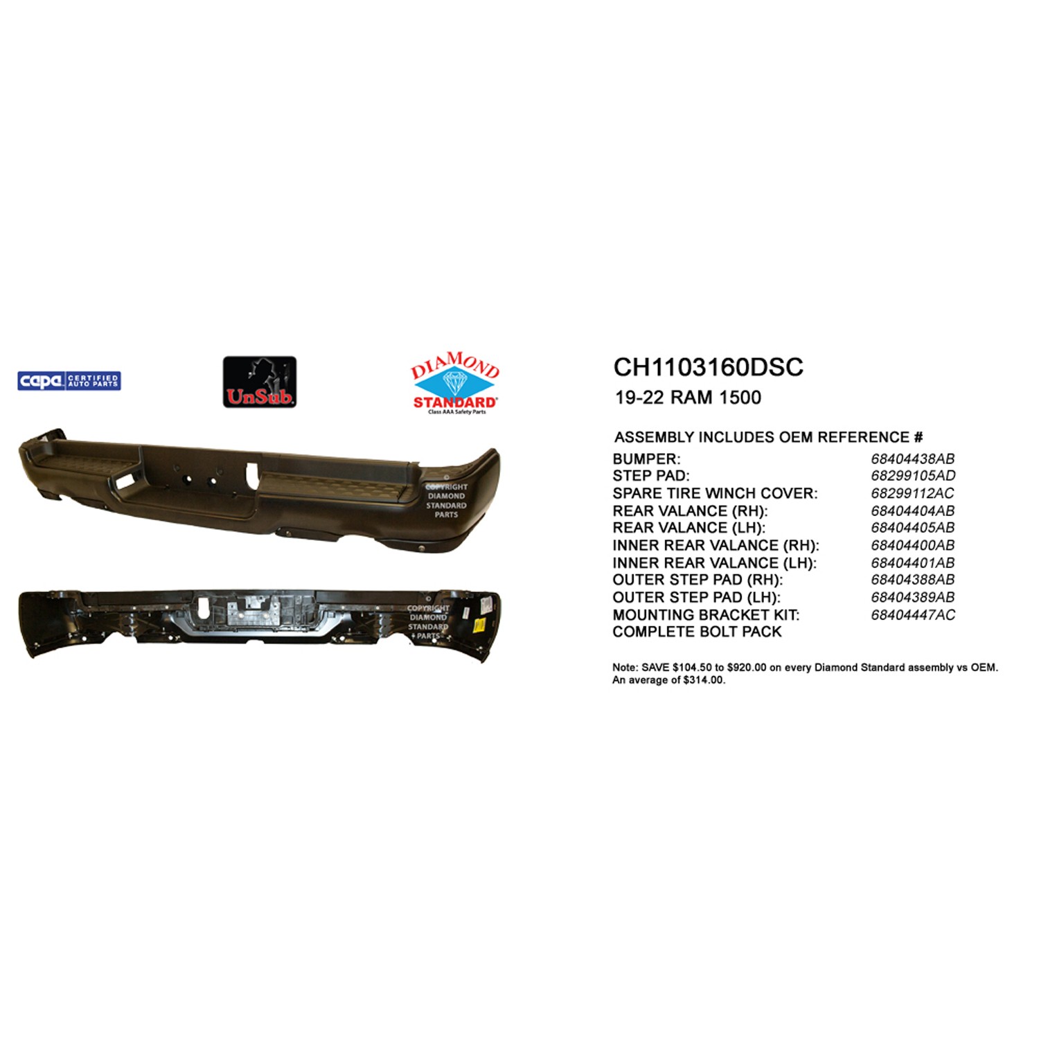 Bumper Assembly Rear Dual Exhaust w/o Adv Park w/Park Snsr w/o Lamps CAPA for Ram 1500 Limited Laramie Sport Big Horn Lone Star SLT SXT Laramie Longhorn HFE Longhorn Laramie Sport ST Hemi Sport Special Service TRX Limited Longhorn TRX Launch Edition Big Horn OffRoad 2019–2024