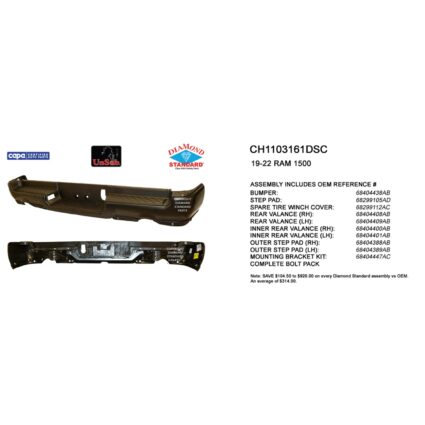 Bumper Assembly Rear Dual Exhaust w/Adv Park w/Park Snsr w/o Lamps CAPA for Ram 1500 Limited Laramie Sport Big Horn Lone Star SLT SXT Laramie Longhorn HFE Longhorn Laramie Sport ST Hemi Sport Special Service TRX Limited Longhorn TRX Launch Edition Big Horn OffRoad 2019–2024