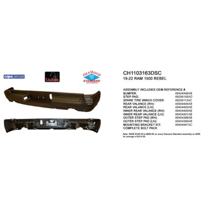 Bumper Assembly Rear Dual Exhaust w/o Adv Park w/Parking Sensor w/o Lamps Black CAPA for Ram 1500 Rebel 2019–2024