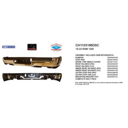 Bumper Assembly Rear Dual Exhaust w/o Adv Park w/Park w/o Lamps Chrome CAPA for Ram 1500 Limited Laramie Sport Big Horn Lone Star SLT SXT Laramie Longhorn HFE Longhorn Laramie Sport ST Hemi Sport Special Service TRX Limited Longhorn TRX Launch Edition Big Horn OffRoad 2019–2024
