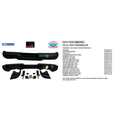 Bumper Assembly Rear w/o Parking Sensors Steel CAPA for Jeep Wrangler 2018–2024