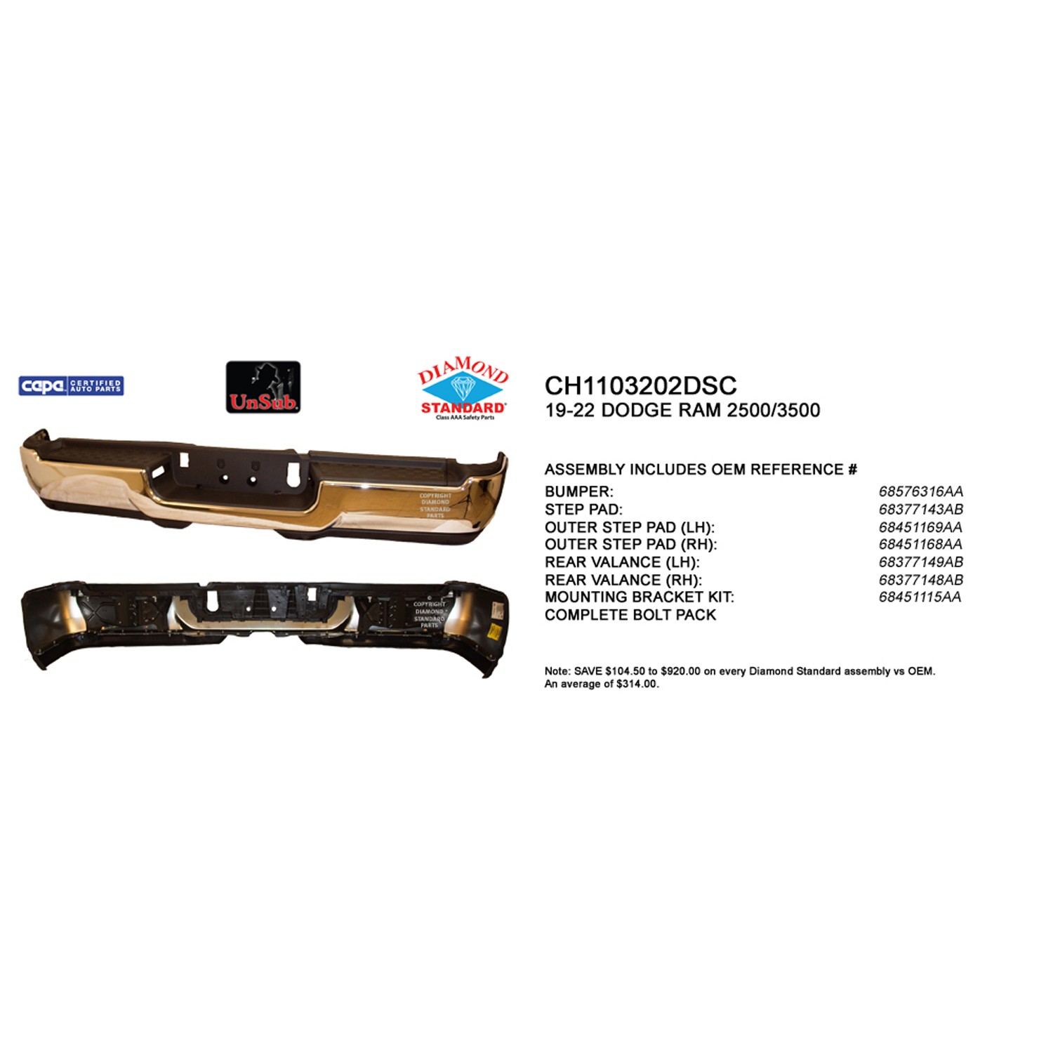 Bumper Assembly Rear w/o Park Assist w/o License Lamps Chrome CAPA for Ram 2500 3500