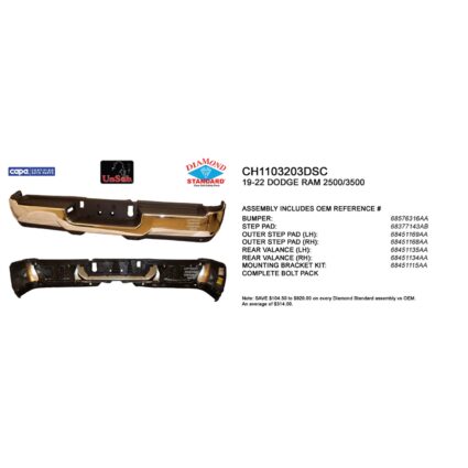 Bumper Assembly Rear w/Park Assist w/o License Lamps Chrome CAPA for Ram 2500 3500