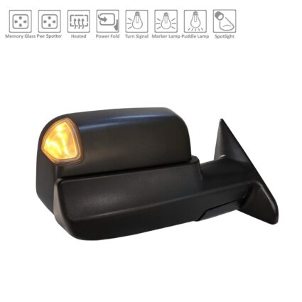 Door Mirror Right w/Towing Pkg w/o Blind Spot Sensor w/Memory Black for Ram 2500 3500