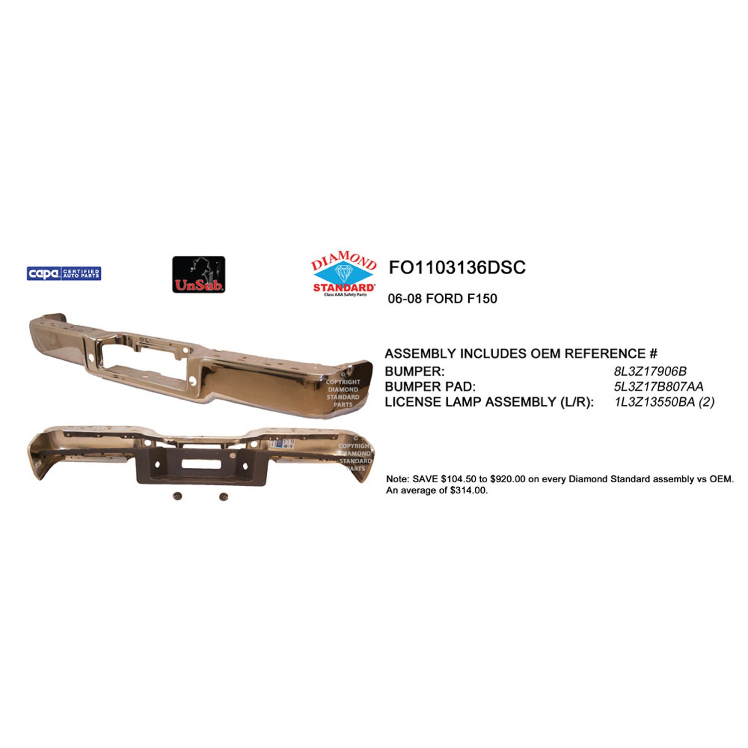 Bumper Assembly Rear w/o Rear Object Sensors w/o Towing Pkg Chrome CAPA for Ford F-150 2006–2008
