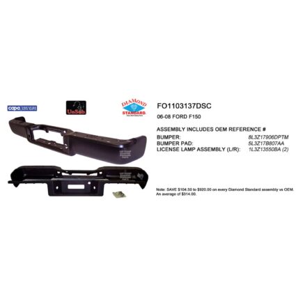 Bumper Assembly Rear w/o Rear Object Sensors w/o Towing Pkg Primed CAPA for Ford F-150 2006–2008