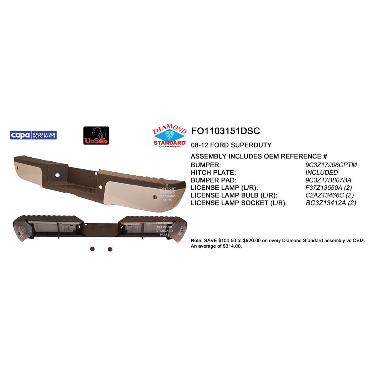 Bumper Assembly Rear w/Black Rear Pad w/Rear Object Sensors w/License Lamps Primed CAPA for Ford F-250 Super Duty F-350 Super Duty