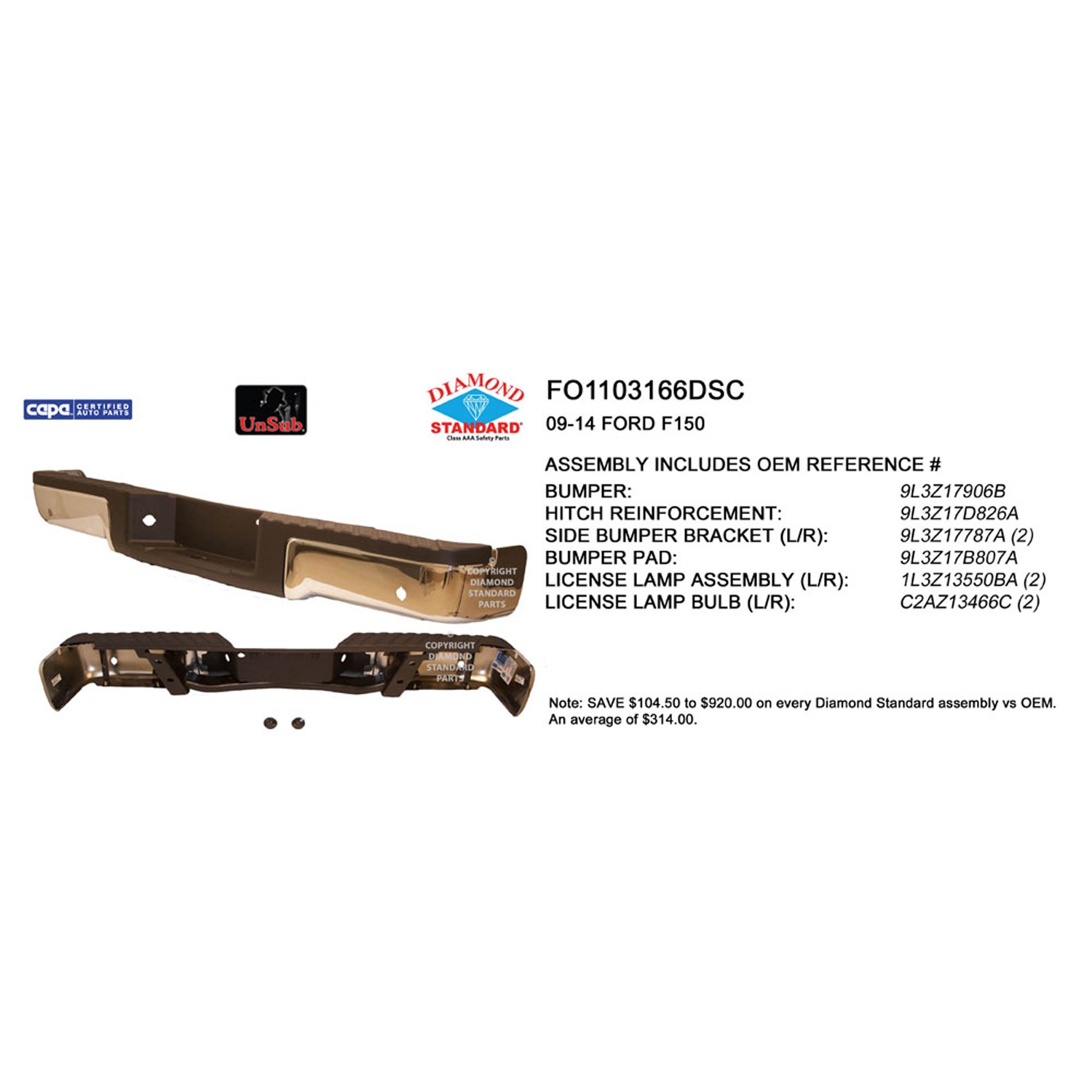 Bumper Assembly Rear w/Rear Object Sensors w/o Towing Pkg Chrome CAPA for Ford F-150 2009–2014