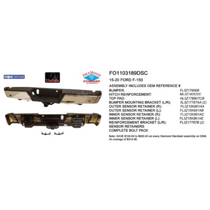 Bumper Assembly Rear w/Rear Parking Aid w/Towing Pkg w/o Max Towing Chrome CAPA for Ford F-150 2015–2020