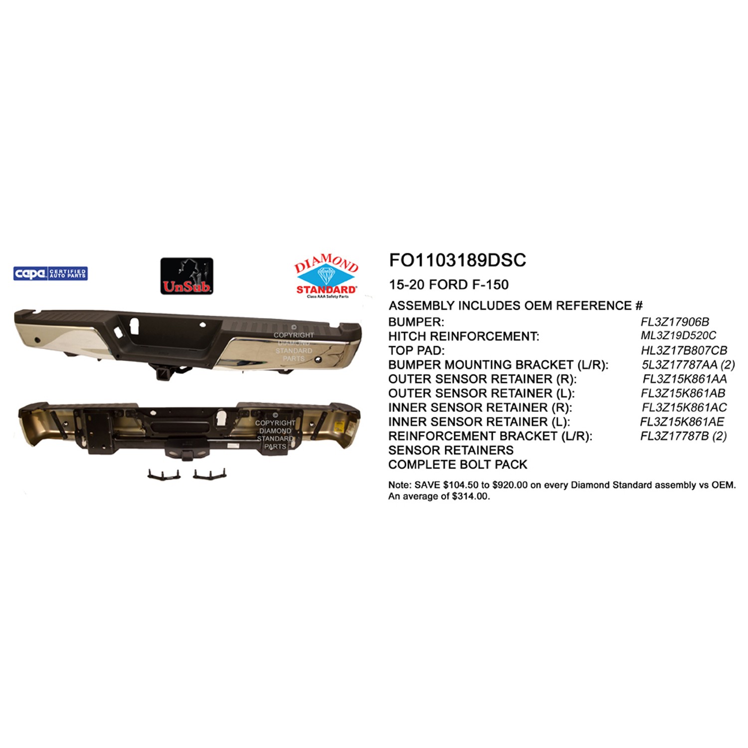 Bumper Assembly Rear w/Rear Parking Aid w/Towing Pkg w/o Max Towing Chrome CAPA for Ford F-150 2015–2020