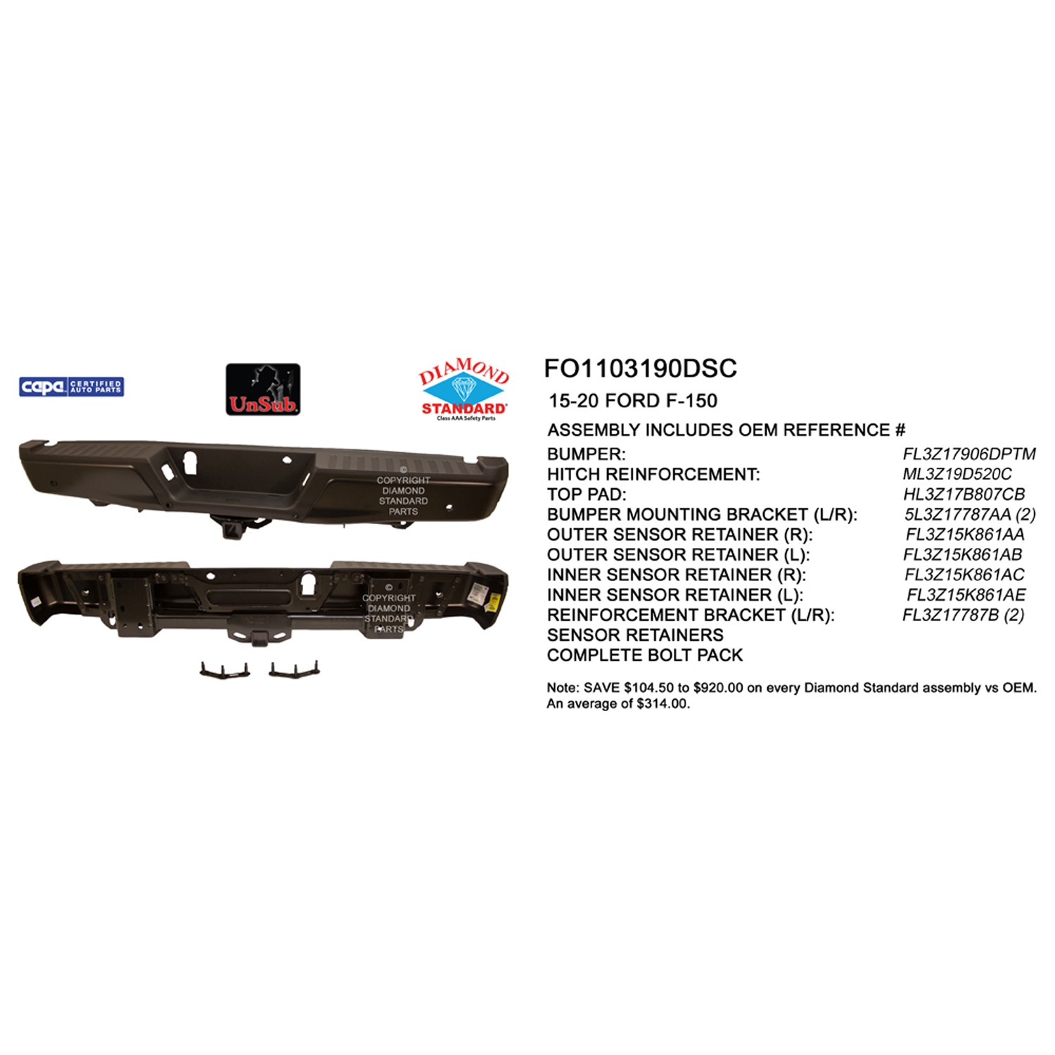 Bumper Assembly Rear w/Rear Parking Aid w/Towing Pkg w/o Max Towing CAPA for Ford F-150 2015–2020