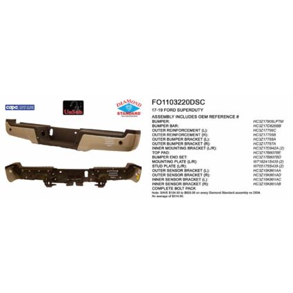 Bumper Assembly Rear w/Parking Aid Sensors w/o License Lamps CAPA for Ford F-250 Super Duty F-350 Super Duty F-450 Super Duty