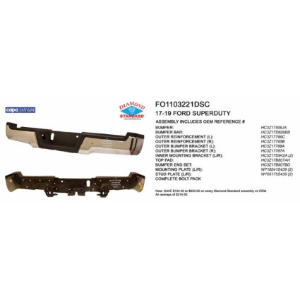 Bumper Assembly Rear w/o Parking Aid Sensor Holes w/o License Lamps Chrome CAPA for Ford F-250 Super Duty F-350 Super Duty F-450 Super Duty