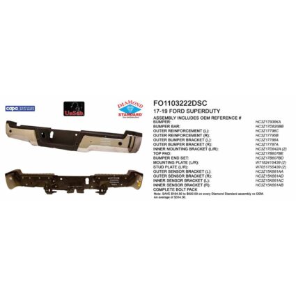 Bumper Assembly Rear w/Parking Aid Sensors w/o License Lamps Chrome CAPA for Ford F-250 Super Duty F-350 Super Duty F-450 Super Duty