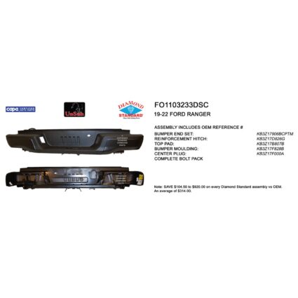Bumper Assembly Rear w/o Towing Pkg w/o Parking Aid CAPA for Ford Ranger 2019–2023
