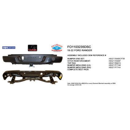Bumper Assembly Rear w/Towing Pkg w/o Parking Aid CAPA for Ford Ranger 2019–2023