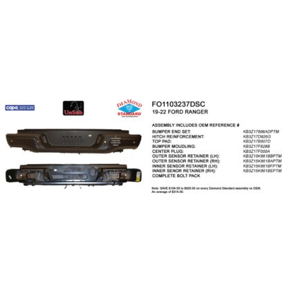 Bumper Assembly Rear w/o Towing Pkg w/Parking Aid CAPA for Ford Ranger 2019–2023