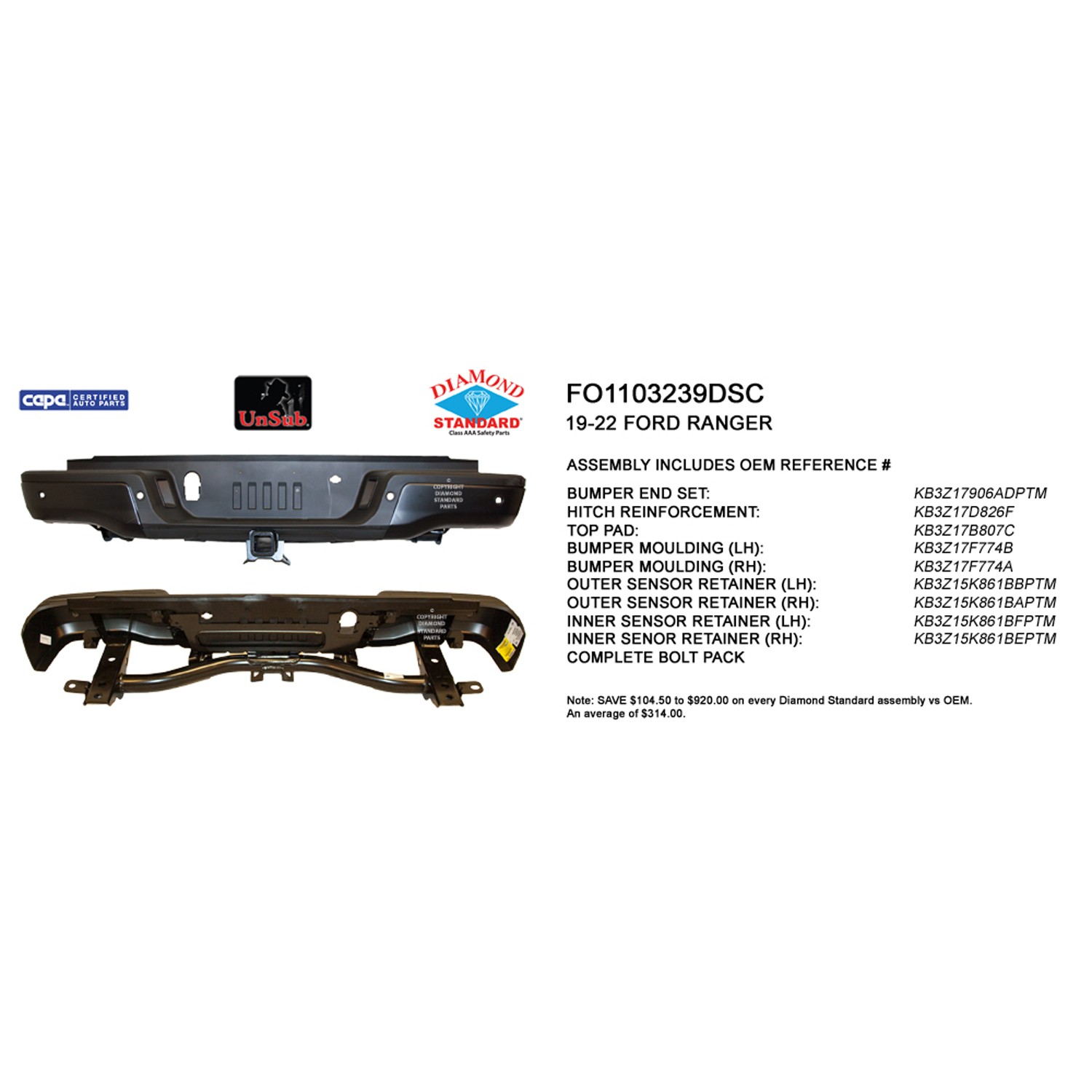 Bumper Assembly Rear w/Towing Pkg w/Parking Aid CAPA for Ford Ranger 2019–2023