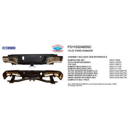 Bumper Assembly Rear w/Towing Pkg w/Parking Aid Chrome CAPA for Ford Ranger 2019–2023