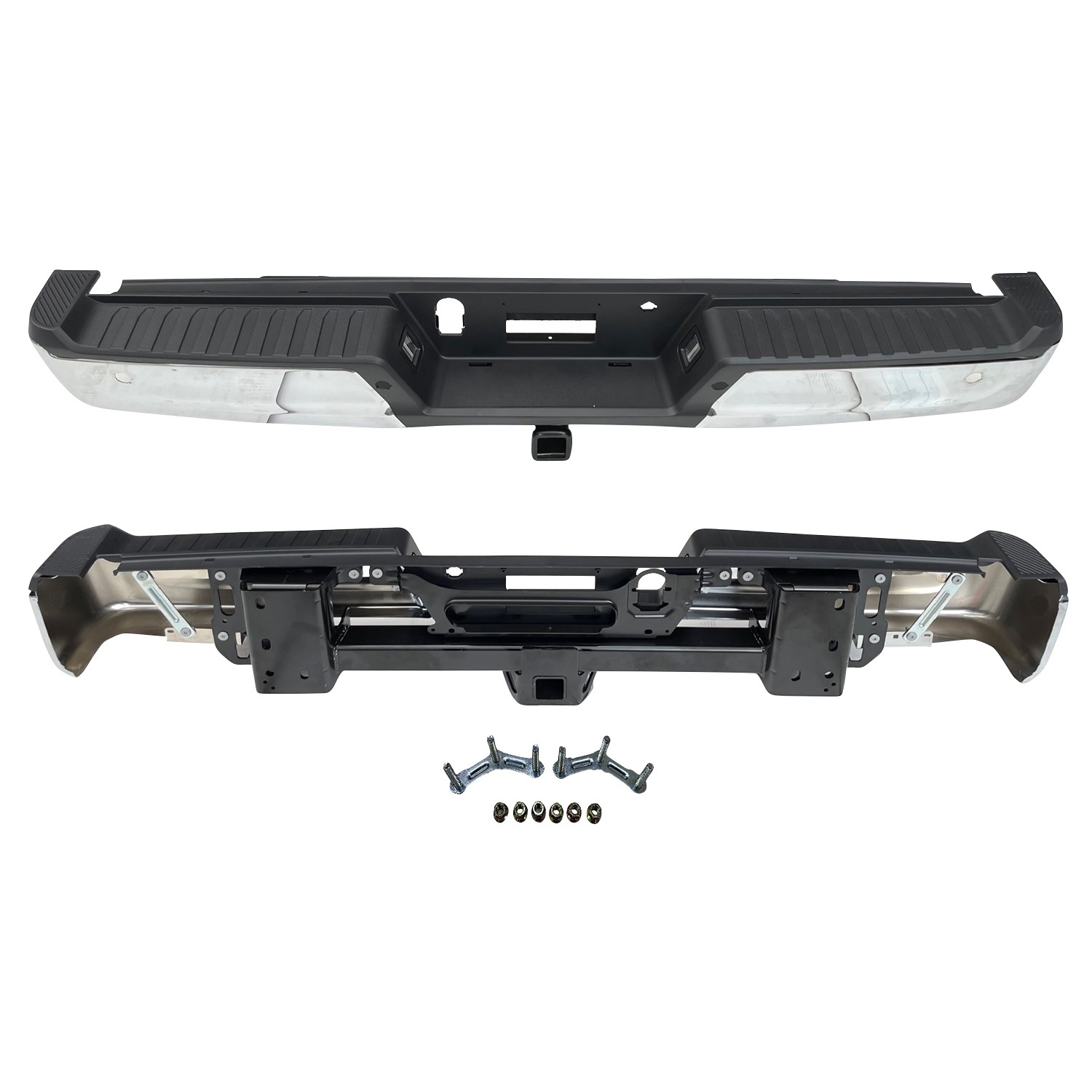 Bumper Assembly Rear w/Med/Hvy Tow w/Parking Aid w/o Active Park w/Lamps Chrome for Ford F-150 2021–2024