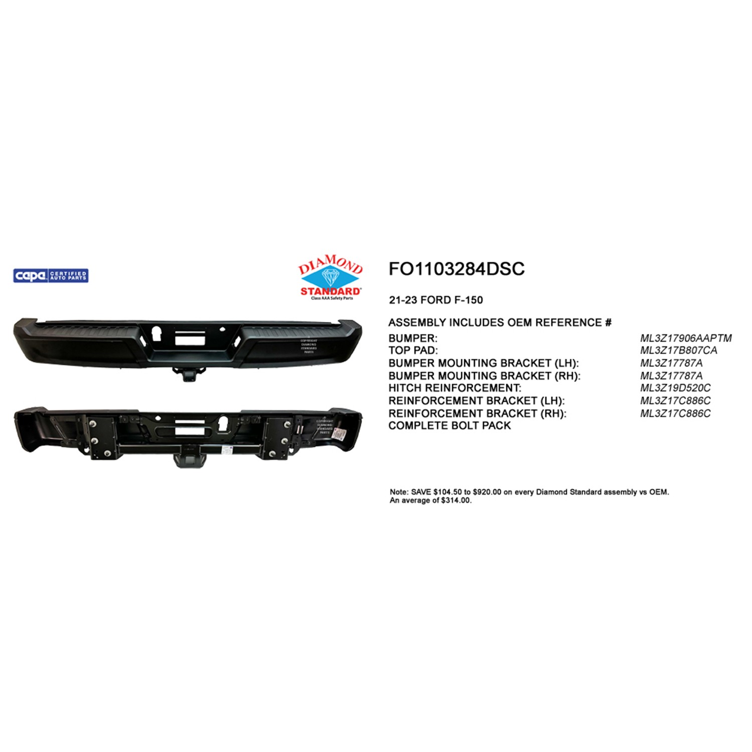 Bumper Assembly Rear w/Med/Hvy Towing w/o Parking Aid w/o Lamps CAPA for Ford F-150 2021–2024