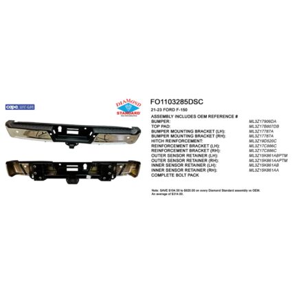 Bumper Assembly Rear w/Med/Hvy Tow w/Parking Aid w/o Active Park w/Sen Ret Chrome CAPA for Ford F-150 2021–2023