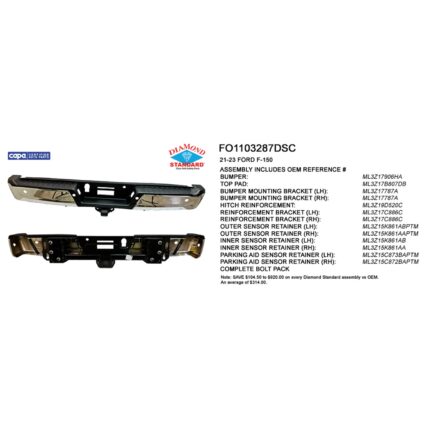 Bumper Assembly Rear w/Med/Hvy Tow w/Parking Aid w/Active Park w/Sen Ret Chrome CAPA for Ford F-150 2021–2023