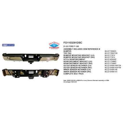 Bumper Assembly Rear w/Max Towing w/Parking Aid w/o Active Park w/Sen Ret Chrome CAPA for Ford F-150 2021–2023