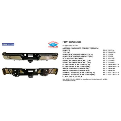 Bumper Assembly Rear w/Max Towing w/Parking Aid w/Active Park w/Sen Ret Chrome CAPA for Ford F-150 2021–2023