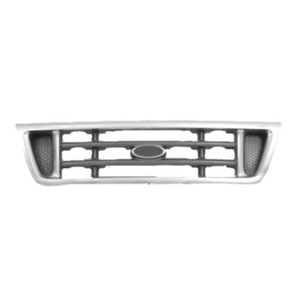 Grille Assembly Chrome & Platinum CAPA for Ford E-150 E-150 Club Wagon E-250 E-350 Club Wagon E-350 Super Duty E-450 Super Duty E-550 Super Duty