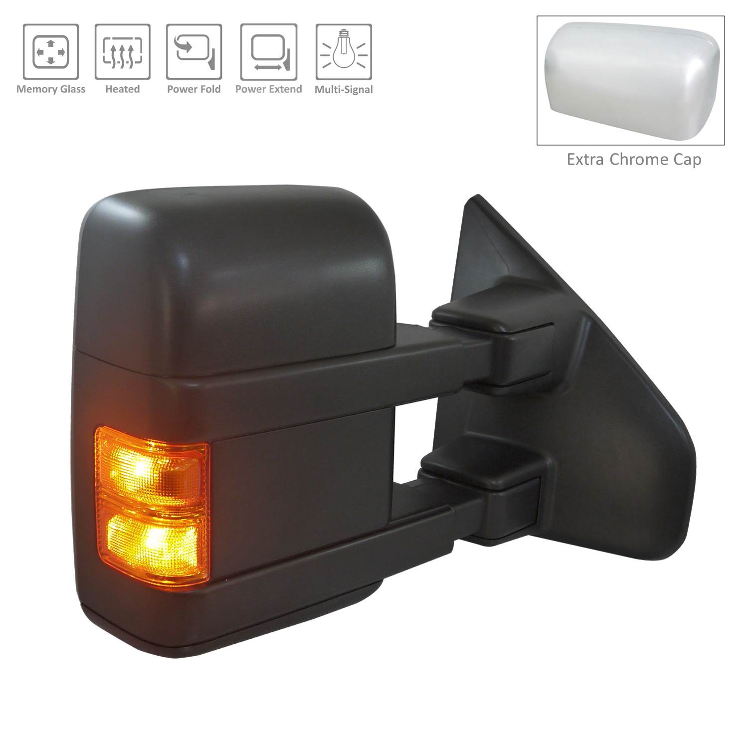 Door Mirror Assembly Right Heated Trailer Tow Type w/Chrome Cap Textured Black for Ford F-150 2013–2014