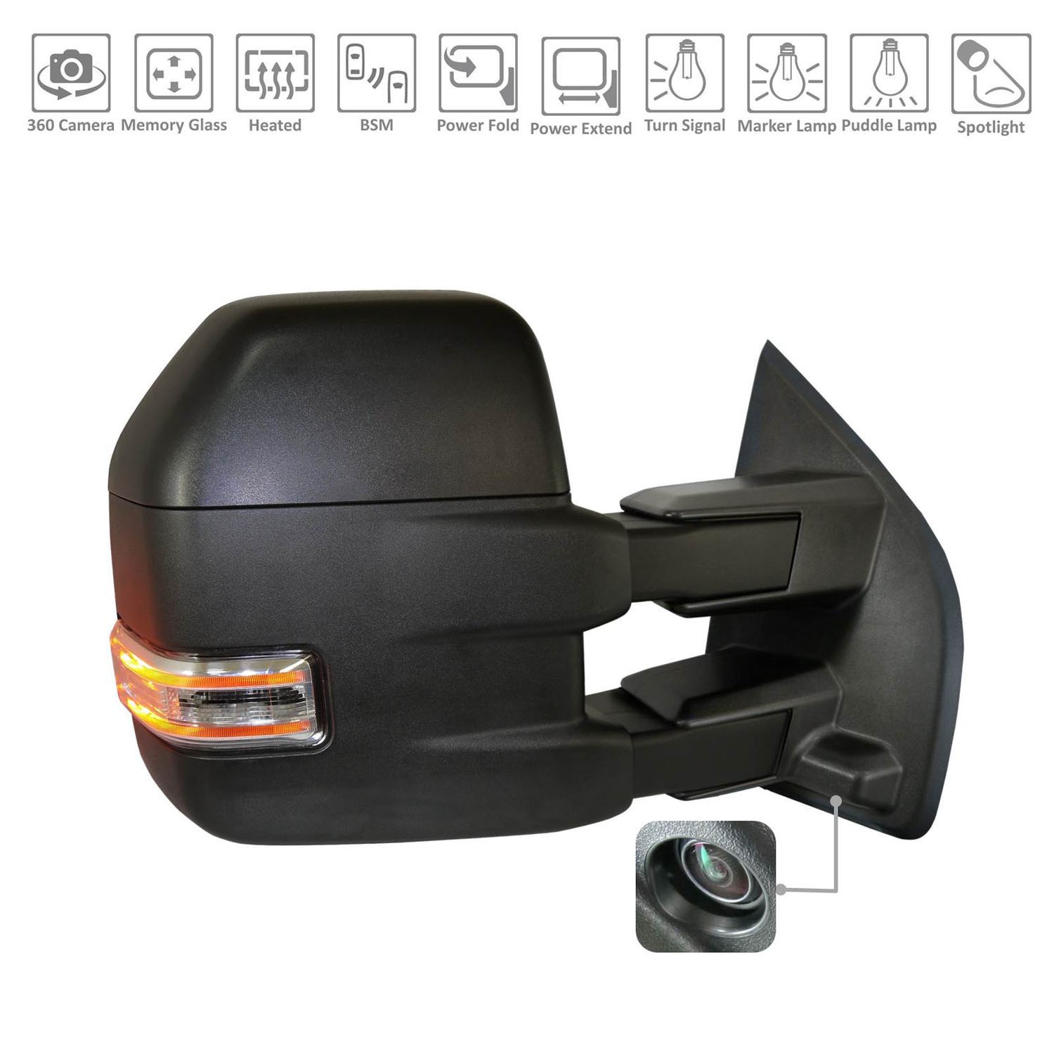 Door Mirror Assembly Right Telescopic w/BLIS w/Side View Camera Black for Ford F-150 2015–2018