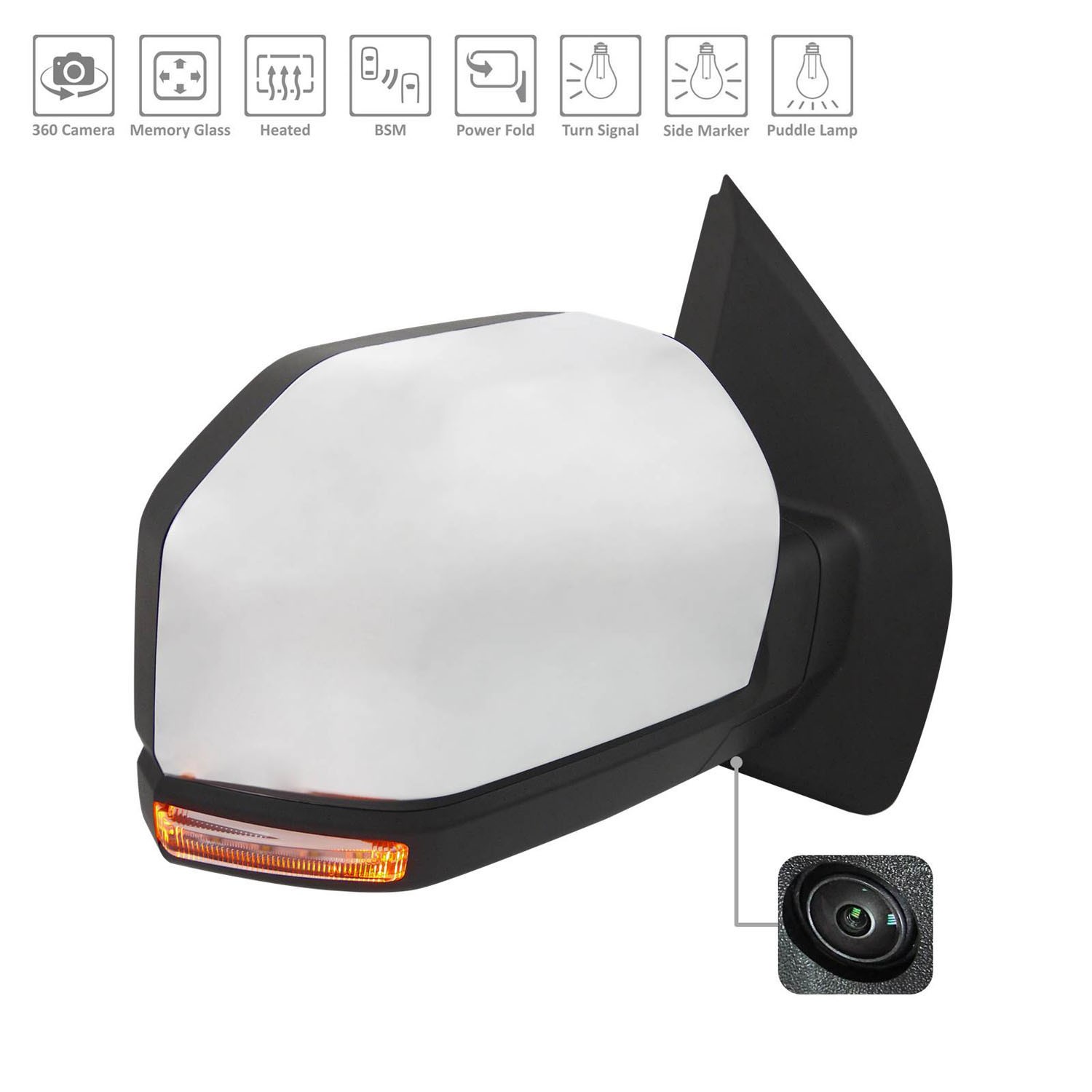 Door Mirror Assembly Right Standard Heated w/BLIS w/Side View Camera Chrome for Ford F-150 2015–2018