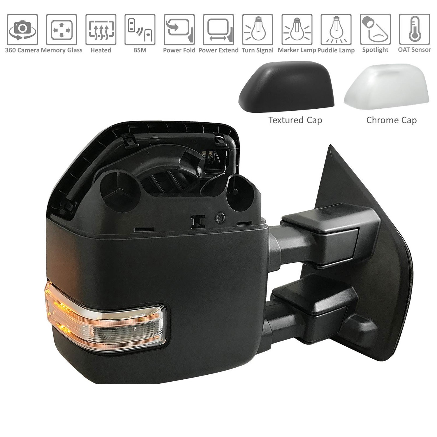 Door Mirror Assembly Right Power Telescoping w/Blind Spot Det w/S/V Camera Text/Chrome Cap for Ford F-150 2019–2020