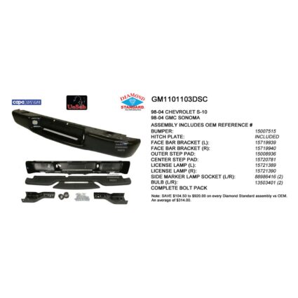 Bumper Assembly Rear Includes Pads/Brackets/Hardware/License Lamp Black w/Black Pads CAPA for Chevrolet S10 GMC Sonoma