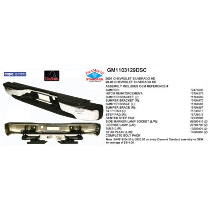 Bumper Assembly Rear Step Bumper Chrome w/Brackets/Pads/Lamps CAPA for Chevrolet Silverado 2500 HD Silverado 2500 HD Classic Silverado 3500 Silverado 3500 Classic GMC Sierra 2500 HD Sierra 2500 HD Classic Sierra 3500 Sierra 3500 Classic