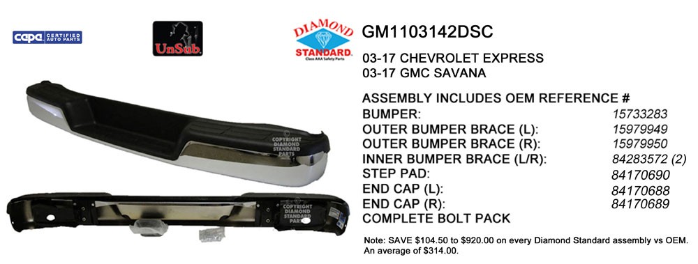 Bumper Assembly Rear w/o Object Sensor Includes Pad/Brackets/End Caps Chrome CAPA for Chevrolet Express 1500 Express 2500 Express 3500 GMC Savana 1500 Savana 2500 Savana 3500