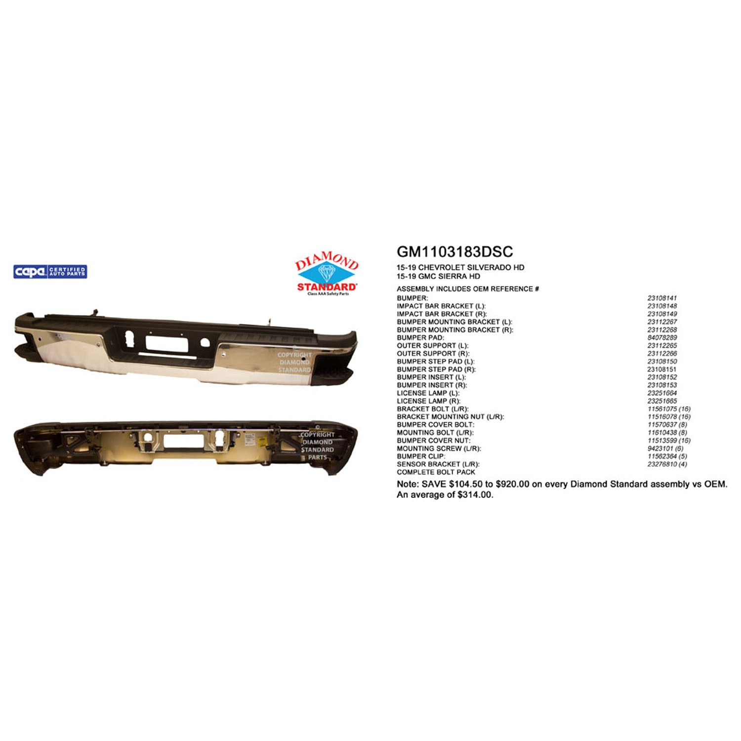 Bumper Assembly Rear Single Rear Wheels w/o Hitch Bar w/Park w/o Harness w/o Sensors Chrome CAPA for Chevrolet Silverado 2500 HD Silverado 3500 HD GMC Sierra 2500 HD Sierra 3500 HD