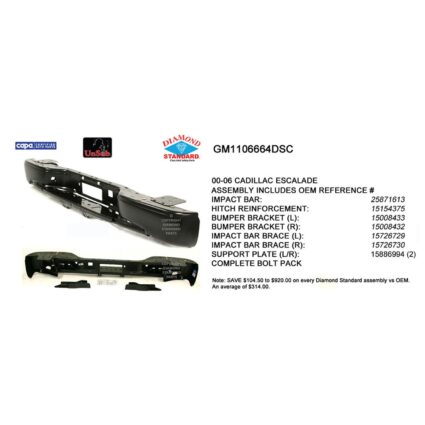 Bumper Cover Reinforcement Assembly Rear w/Hitch Bar CAPA for Cadillac Escalade EXT 2002–2006