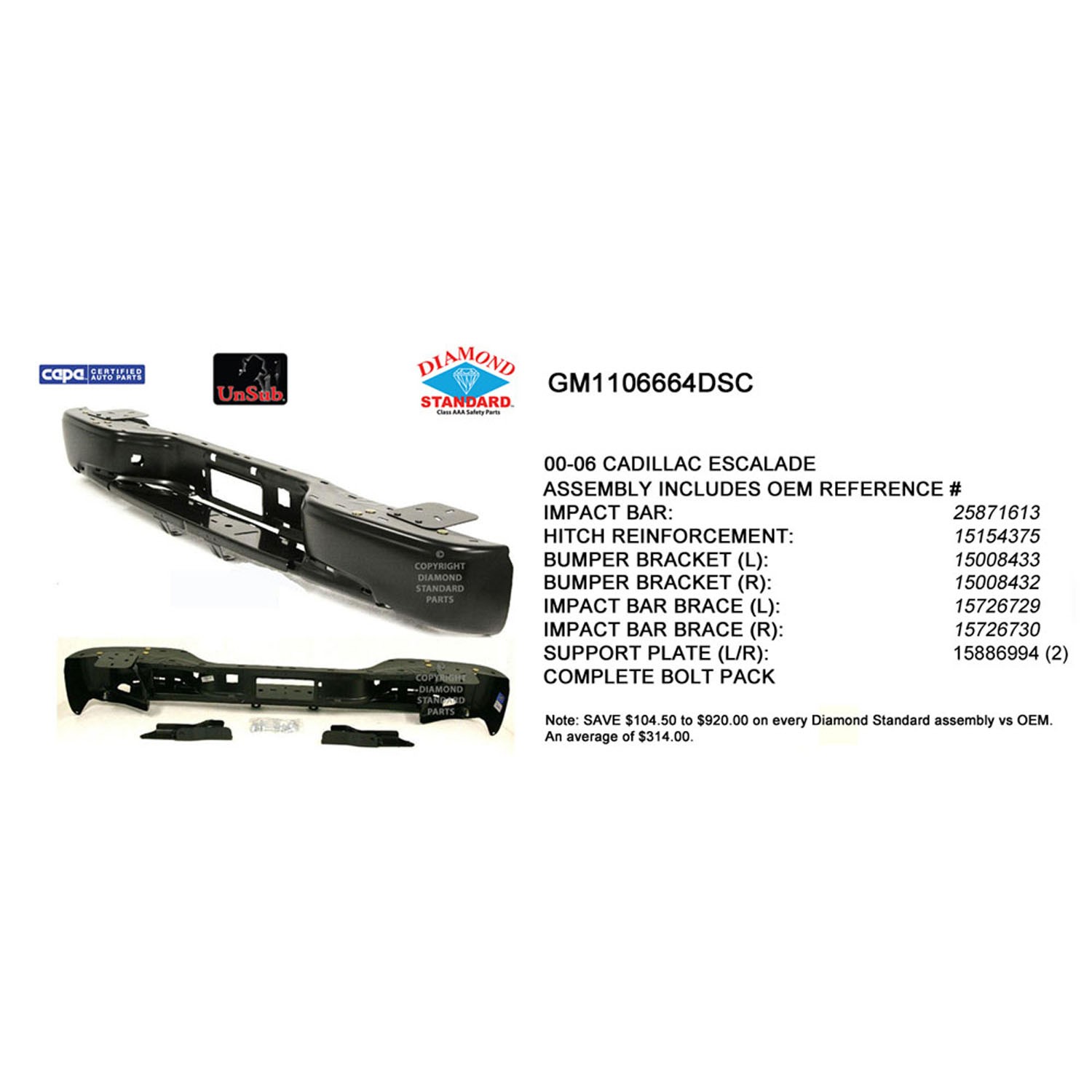Bumper Cover Reinforcement Assembly Rear w/Hitch Bar CAPA for Cadillac Escalade EXT 2002–2006